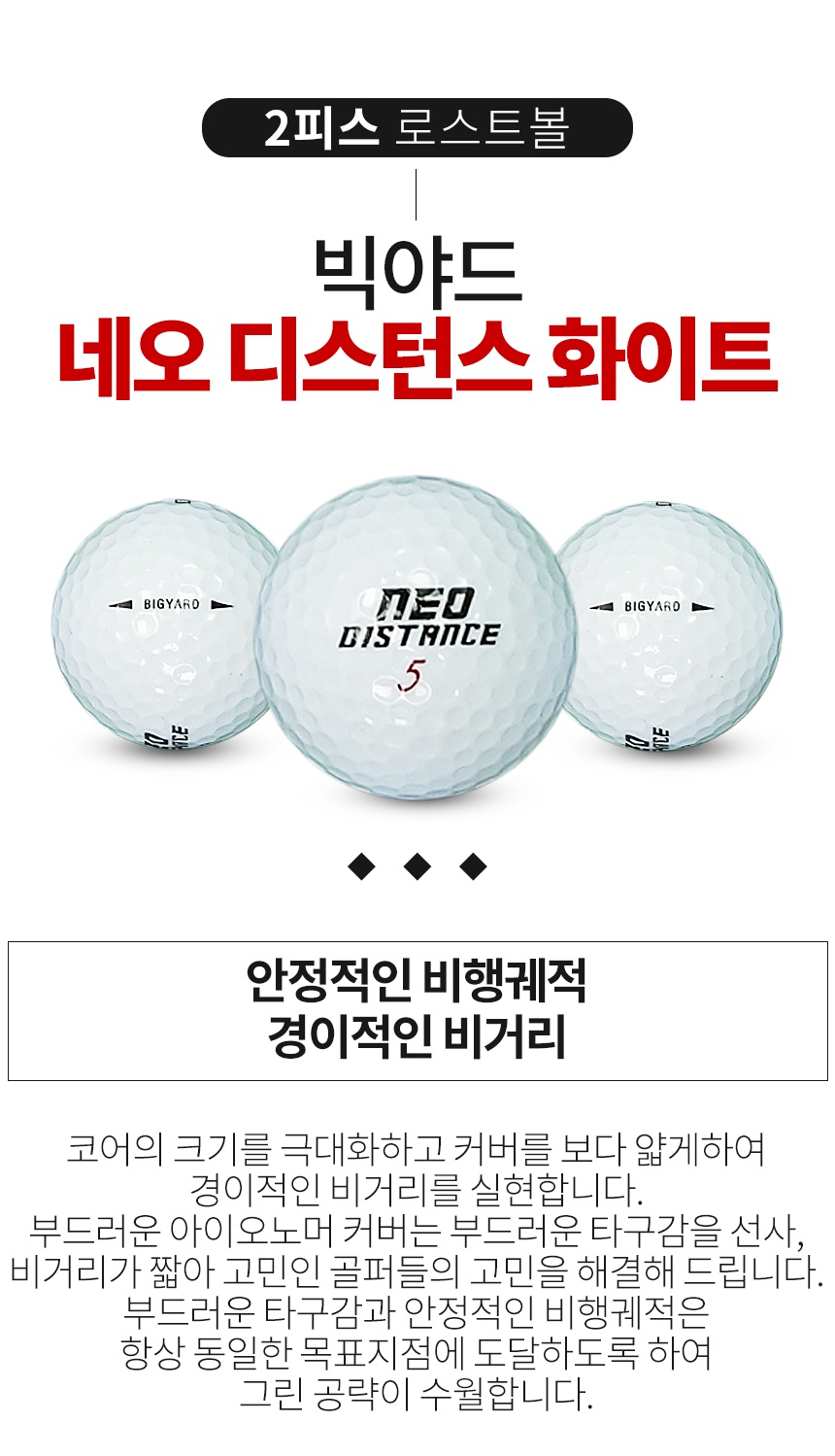 빅야드 네오 디스턴스 2피스 골프공 A-급 로스트볼 (16개/박스)